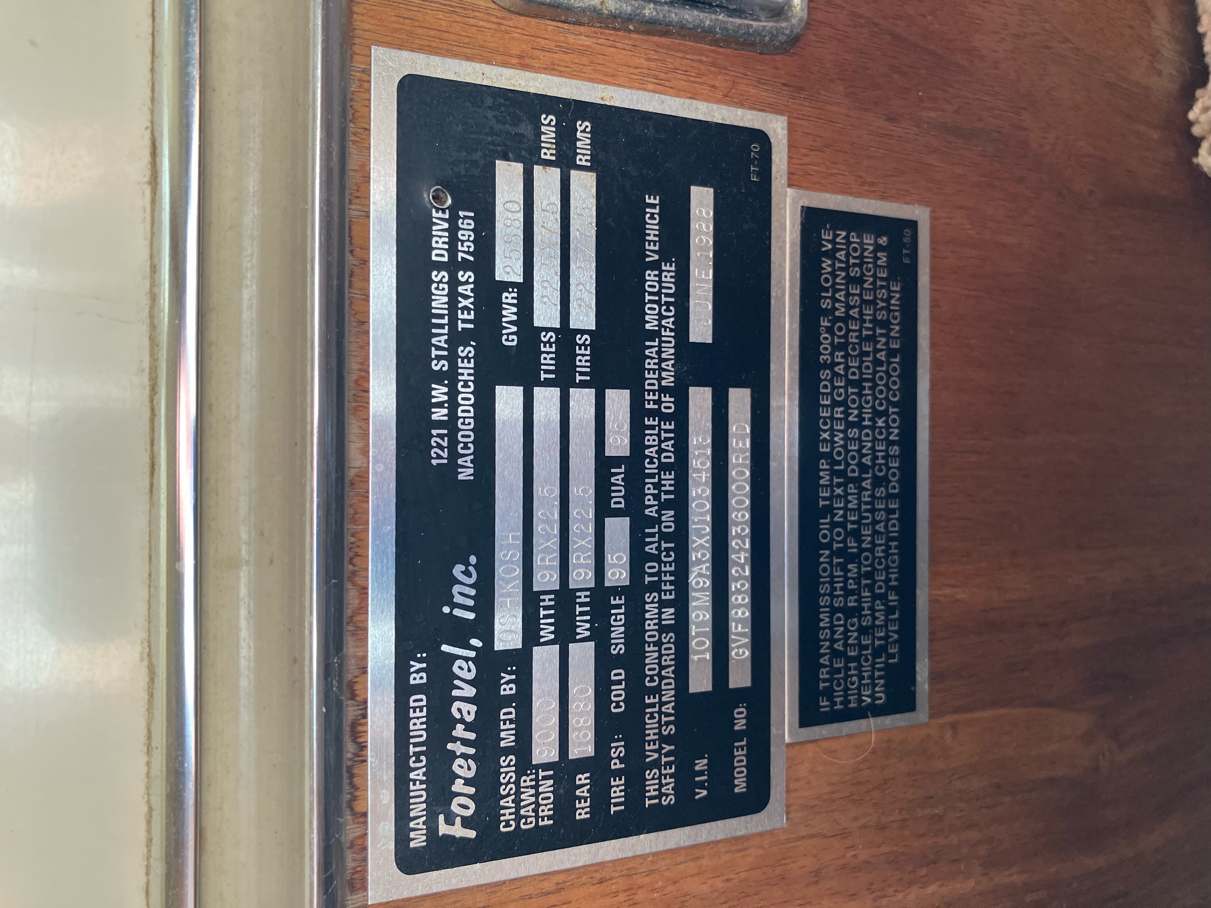 VIN Plate – Foretravel build